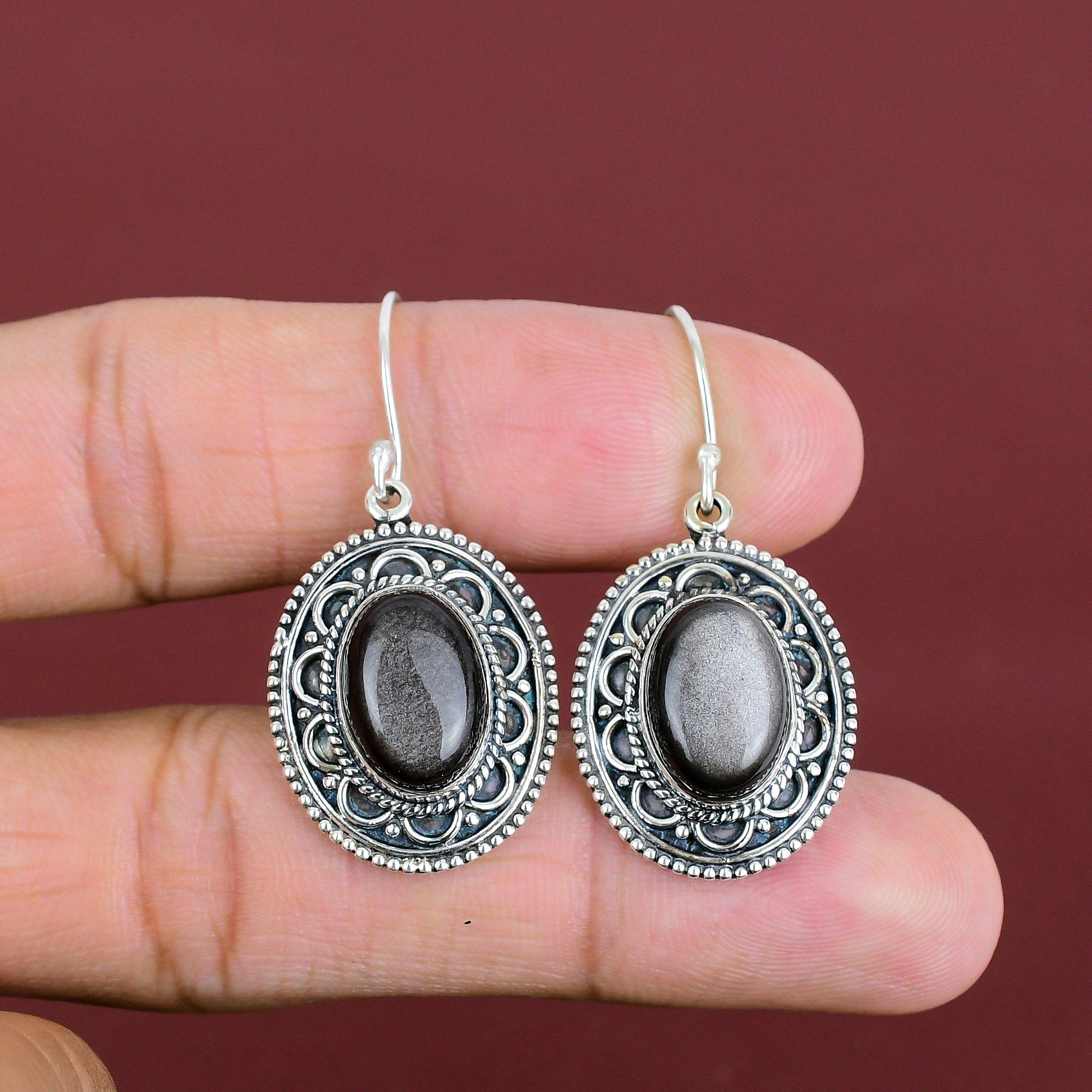 Silver Sheen Obsidian Gemstone Earring Stylish Vintage Earrings Handmade Jewelry 925 Sterling Silver Earring Antique Earrings Gifts For Wife
