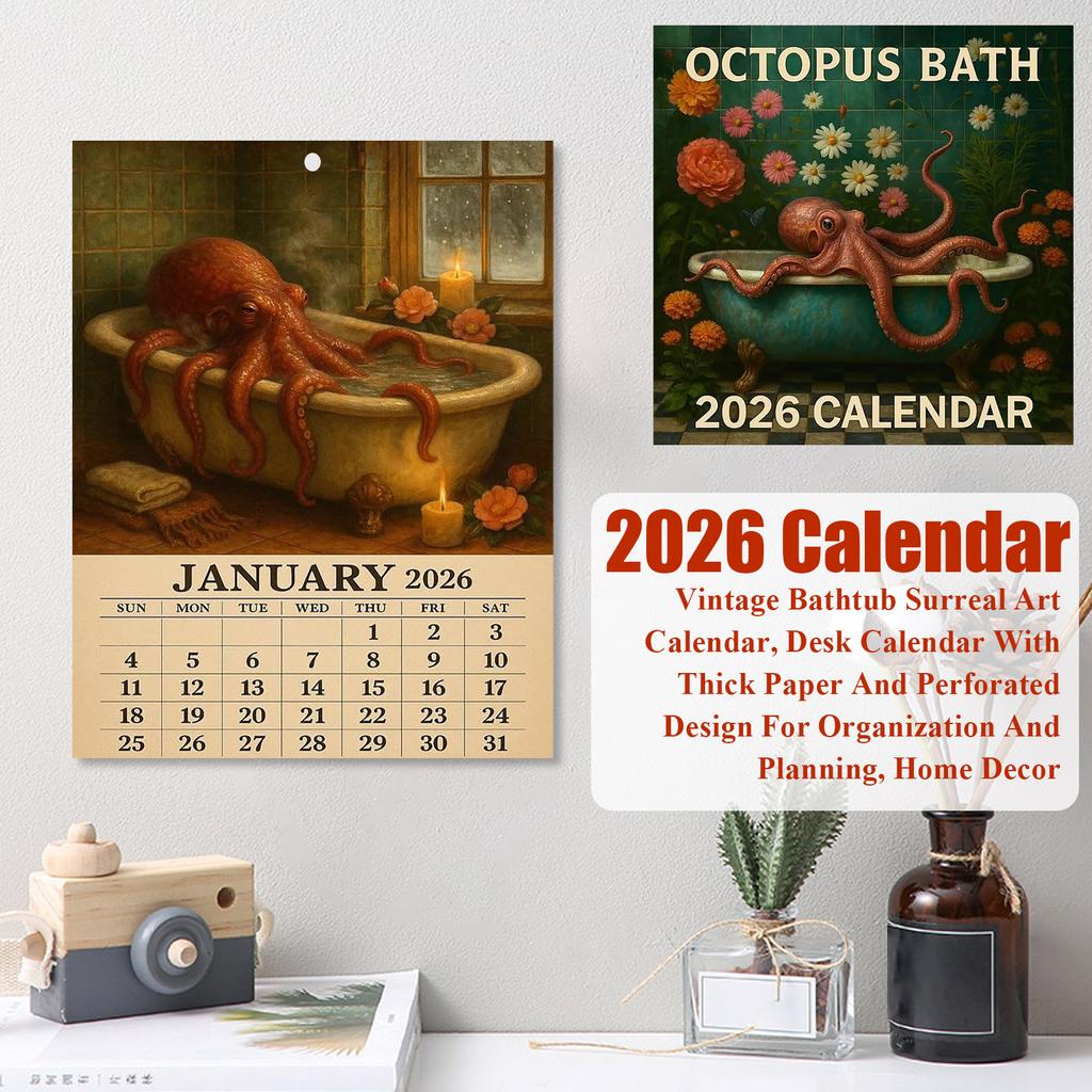 Kalender 2026, Vintage Badewanne Surreal Art Kalender, Schreibtischkalender mit dickem Papier und perforiertem Design zur Organisation und Planung, Heimdeko