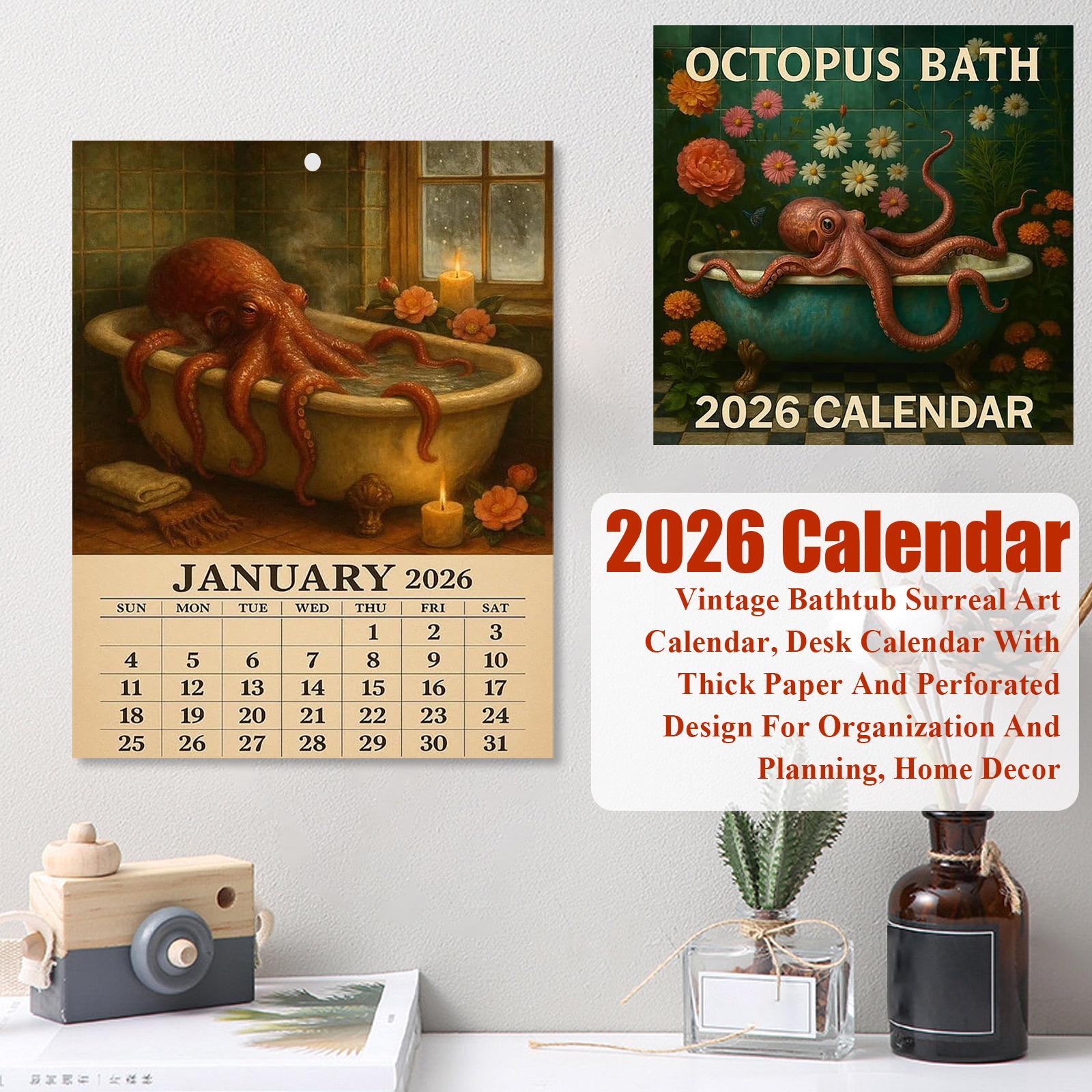 

2026 Calendar, Vintage Bathtub Surreal Art Calendar, Desk Calendar With Thick Paper And Perforated Design For Organization And Planning, Home Decor One Size