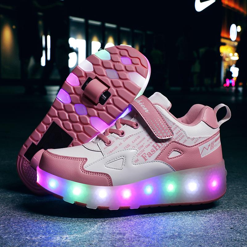 27-43 Detachable Wheel Boys/Girls Double Wheel Luminous Sneakers Can Be Charged Sneakers for Skating Kids Roller Skating Boots