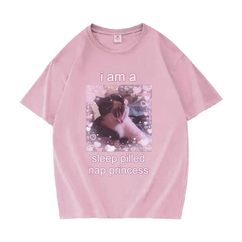 I Am A Sleep Pilled Nap Princess Lustiges Meme-Grafik-T-Shirt Unisex WoUnisex Süße Freizeitkleidung T-Shirts 100 % Baumwolle Übergroße T-Shirts