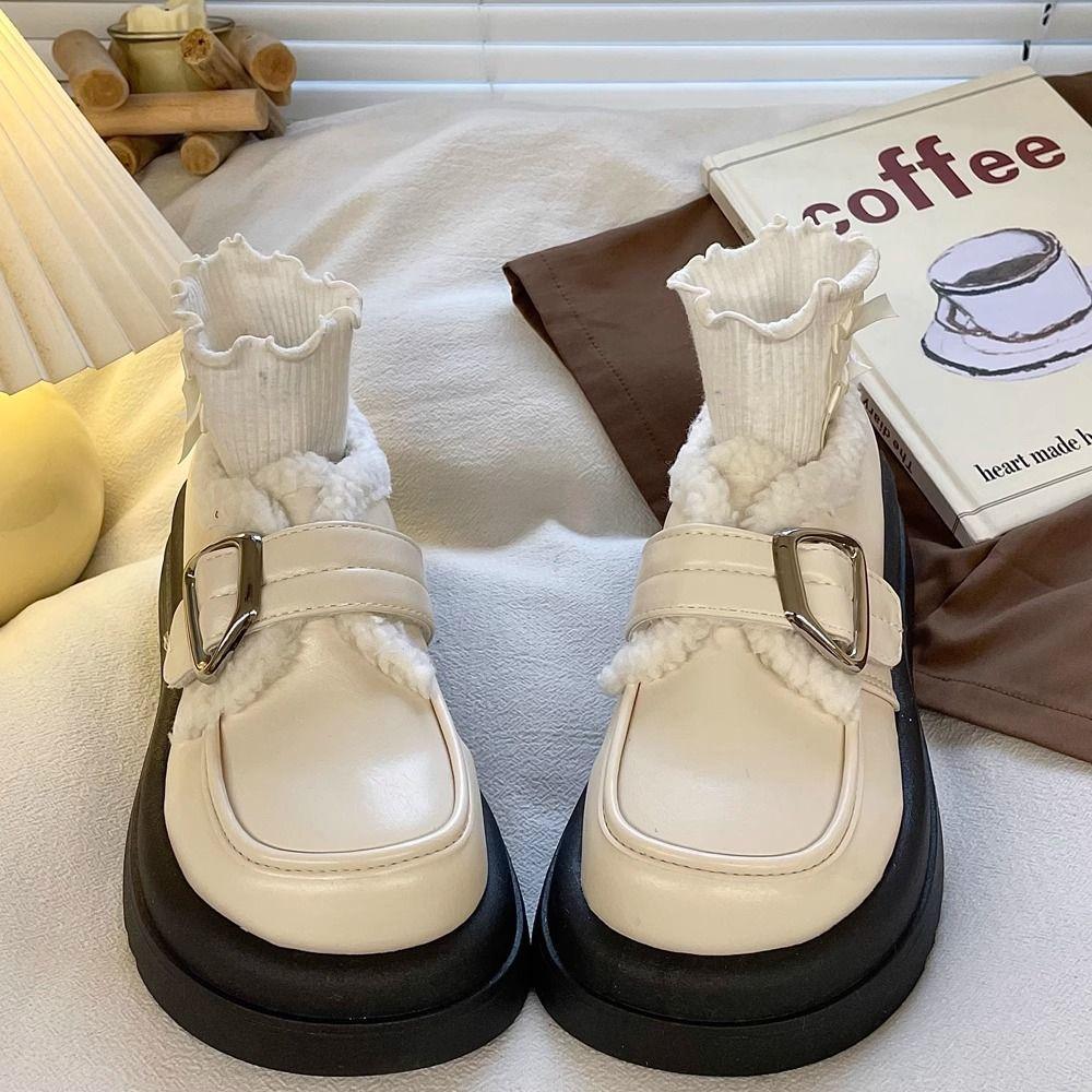 White thick-soled velvet small leather shoes for women's 2025 winter new retro British style Japanese jk warm loafers