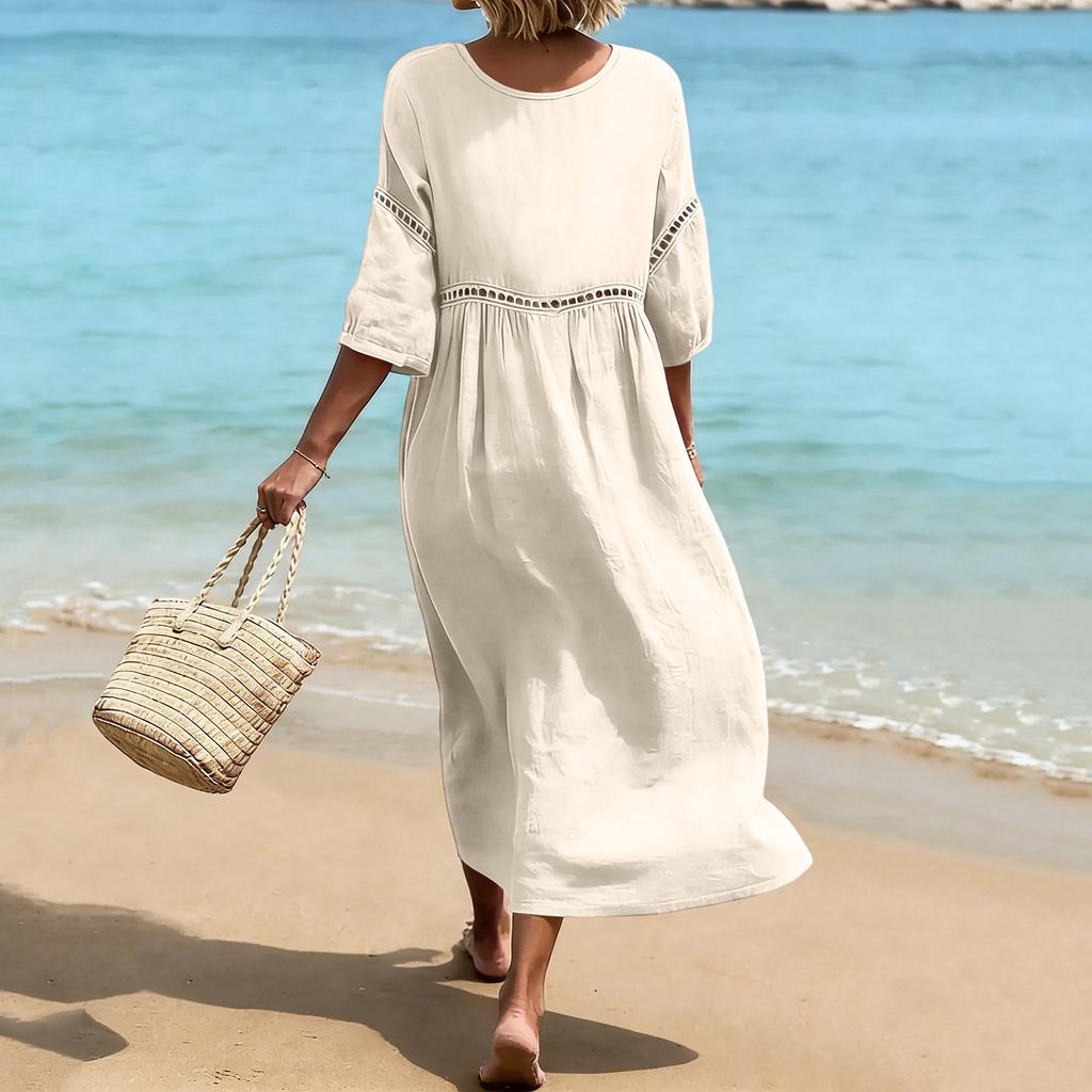 Women's Fashionable Casual V-Neck -Color Beach Dress: Loose-Fitting Openwork Dress