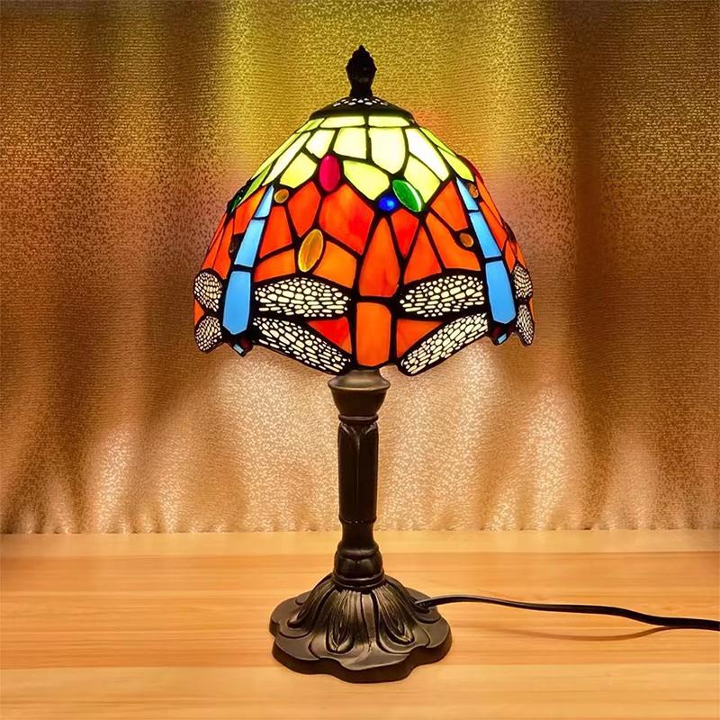 Lampada da tavolo a LED in stile Tiffany Luci decorative mediterranee retrò Paralume in vetro colorato E27Per comodino, camera da letto, luce, caffè