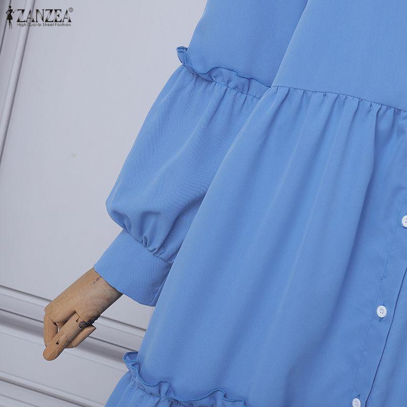 ZANZEA Women Casual Turn Down Collar Loose Long Sleeve Muslim Dress
