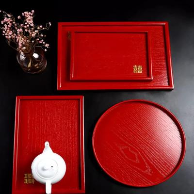 Plateau en Bois Carré Rouge Chinois, Plateau à Thé de Mariage, Rangement de Cuisine pour Desserts et Collations, Plateau en Bois Massif pour Rangement de Vaisselle