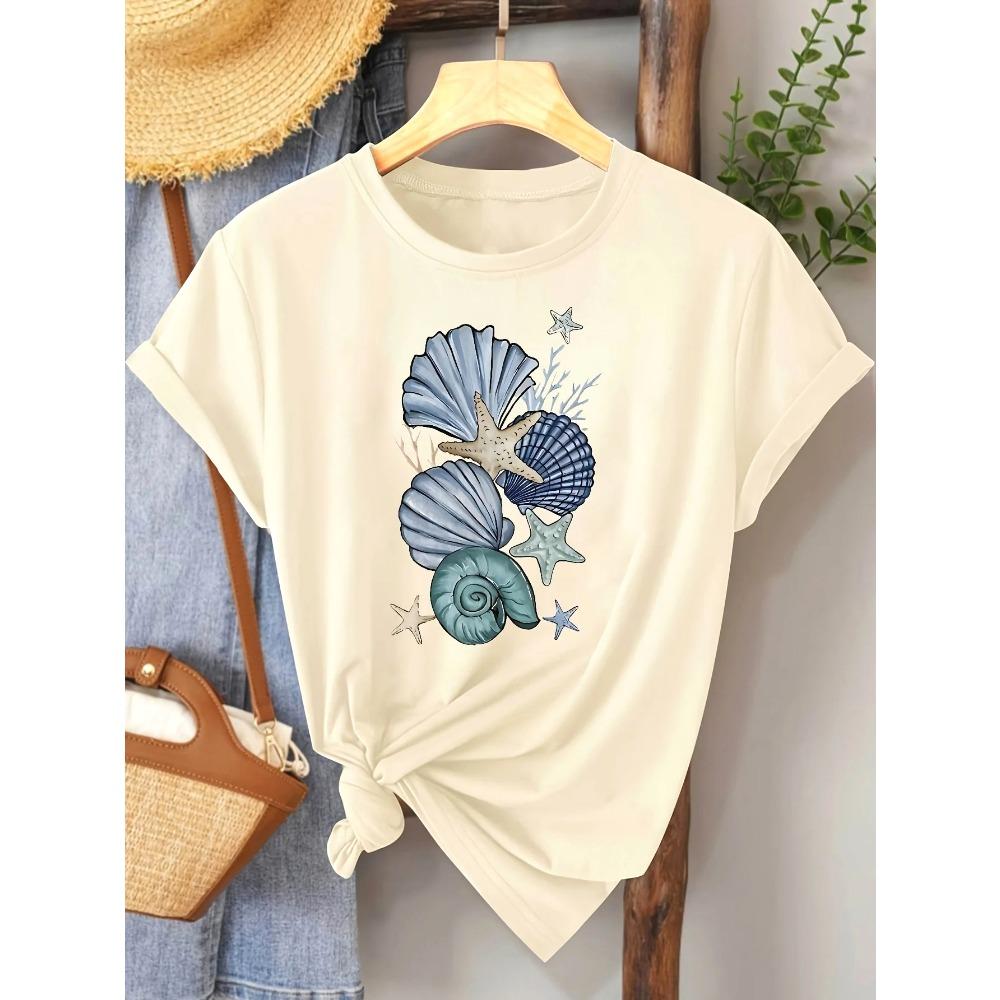 

Plus Size Women s Casual Short Sleeve T-shirt with Seashell Starfish Graphic Pntri Harajuku Short Sleeve Casual Summer Clothing 3XL