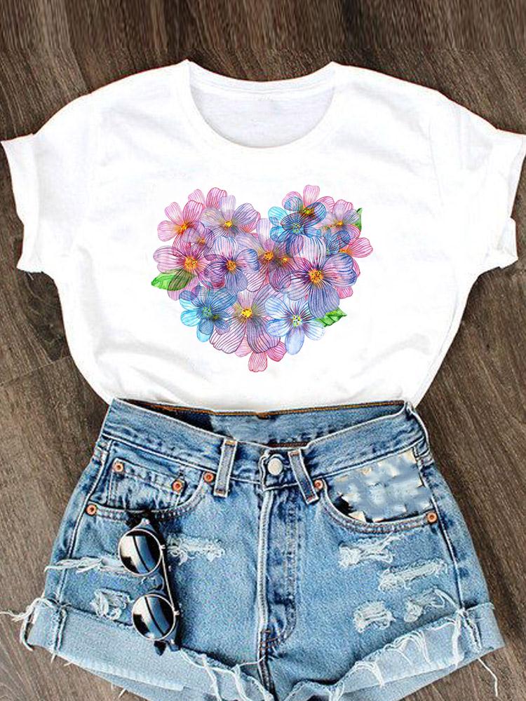 

Tee T -Shirt Graphic T Shirt Clothing Women Short Sleeve Summer Love Heart Flower Floral Spring 90s Female Top Fashion Clothes M
