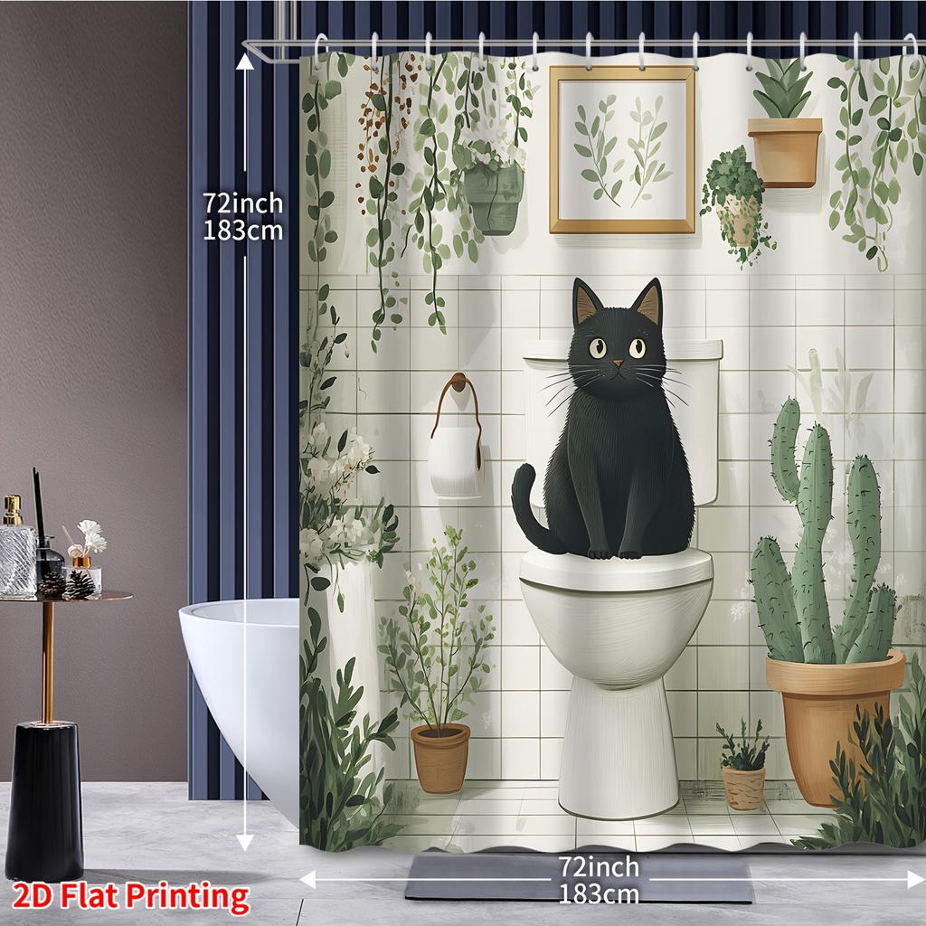 Black Cat On Toilet Shower Curtain Waterproof Easy To Clean Privacy Protection Print Cute Pet Art Design Green Plant Quick Setup