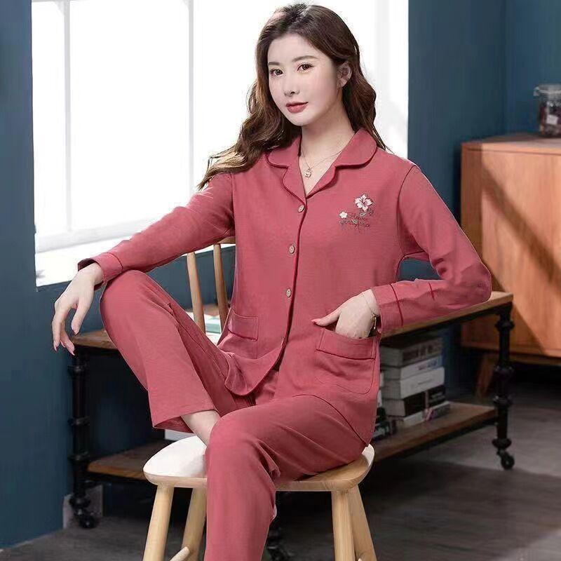 In the elderly 100% pure cotton pajamas women's spring and autumn models autumn and winter long-sleeved large-size suit casual can wear loungewear