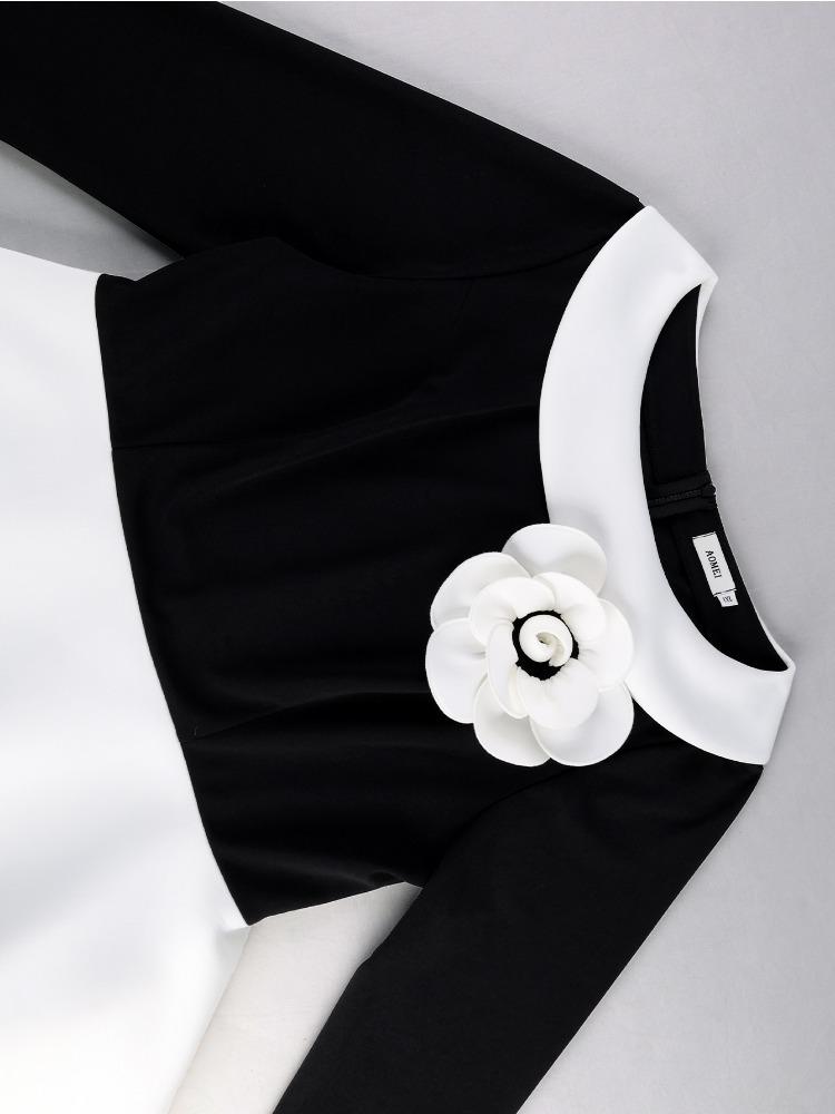 Elegant Women Black White Colorblock Bodycon Dress O Neck 3D Flower Peplum Draped Church Work Party Formal Occasions 2026 New