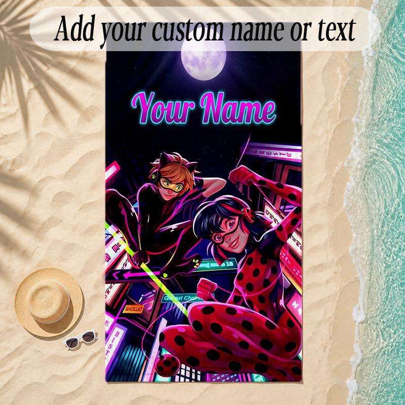Beach TowelMiraculous Ladybug Custom Name Text Personalized Soft Towel for Beach Pool Indoor Home Decor Gift