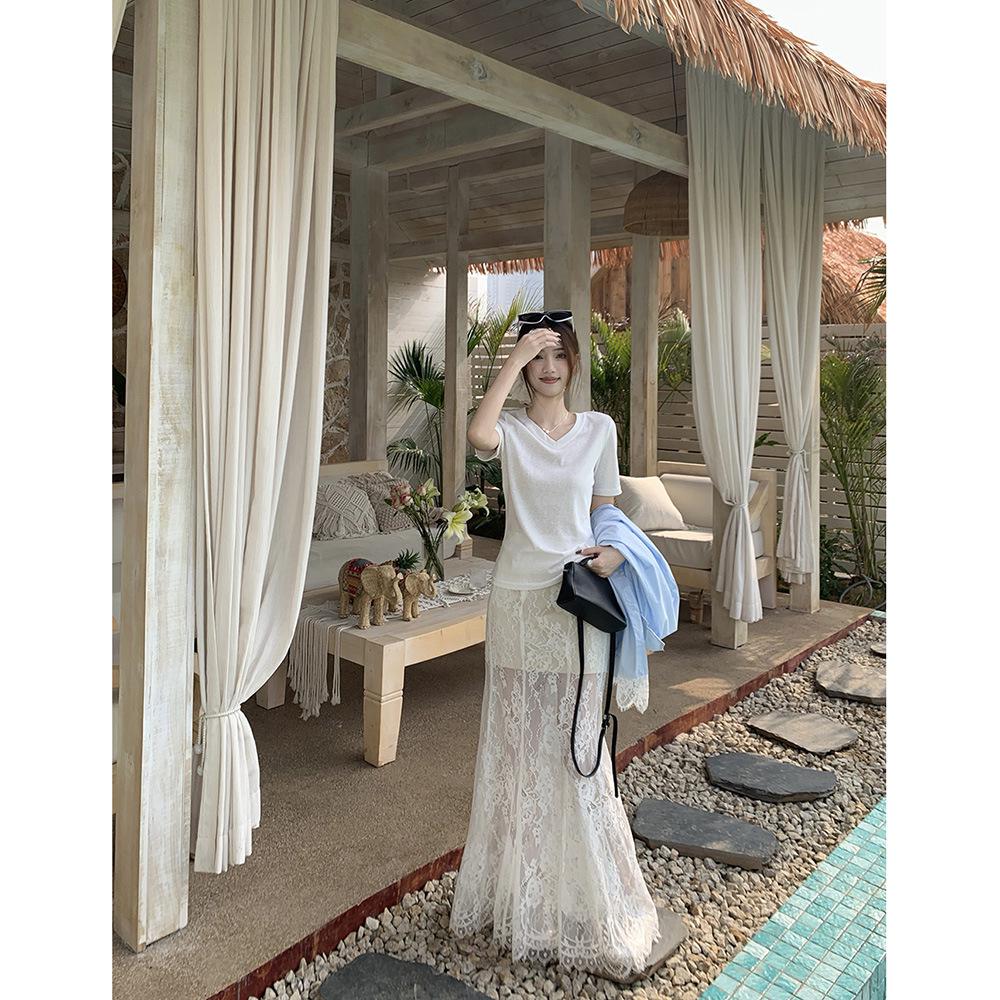 Women's Blue Spliced Lace Shirt Jacket - 2025 Korean Design, Loose Fit, Sun Protection for Summer