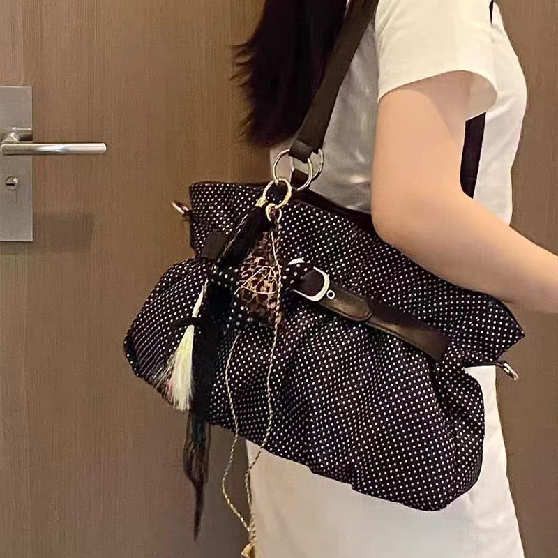 Korean Style Polka Dot Shoulder Bag For Women Large Capacity Pleated Hobo Bag With Bow Decor Casual Daily Commute Soft Tote Bag