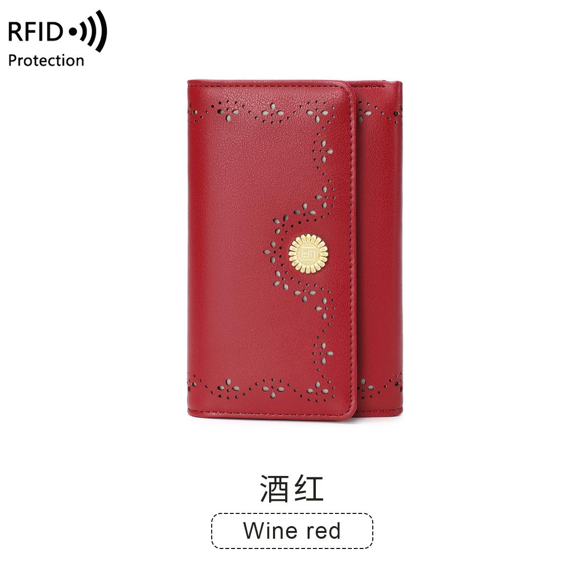 

Новый женский кошелек с защитой от кражи, ретро полый кошелек, многофункциональный модный кошелек среднего размера бордовый