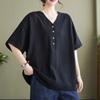 Plus Size Cotton Linen V-Neck Short-Sleeve Women's T-Shirt - Loose, Casual, Slimming Summer Fashion Top