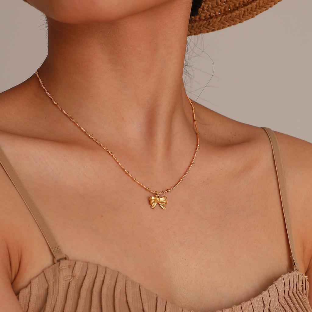 Gold Plated Charm Necklace,Stainless Steel Bow Pendant Necklace for Women,Trendy Charm Waterproof Wedding Choker Jewelry