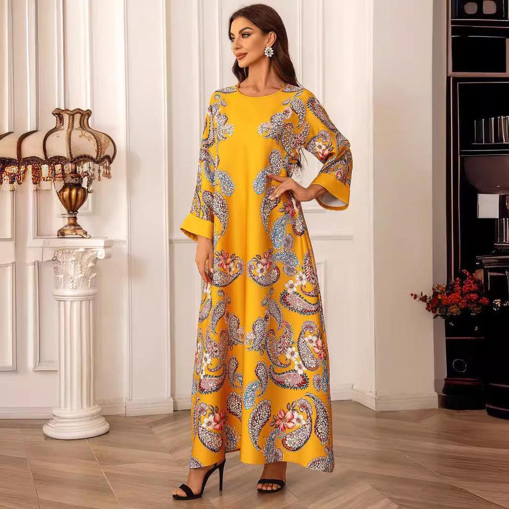 Robe Longue Musulmane pour Femmes Transfrontalière - Col Rond, Manches Longues, Florale, Design Perlé