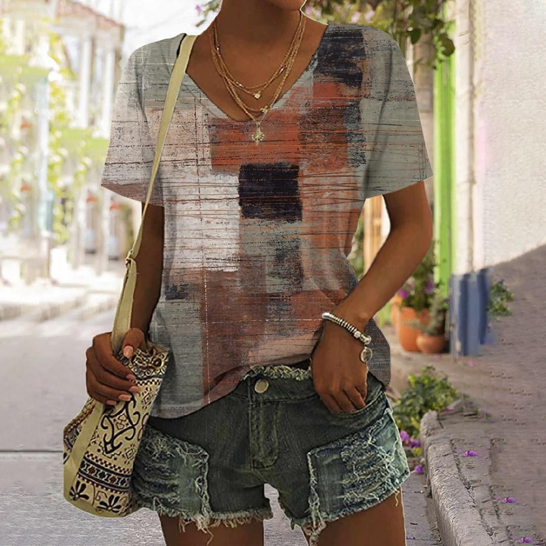 

Женская футболка с V-образным вырезом, летняя повседневная одежда с коротким рукавом, классические принтованные узоры, свободная женская одежда большого размера 8XL