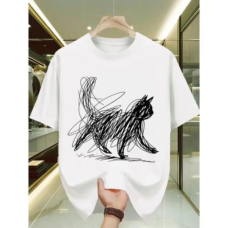 New Arrival Minimalist Scribble Cat Abstract Art Graphic T Shirt White Cotton Crew Neck Casual Cat Lover Top