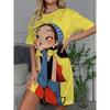 Summer Women's Round Neck Playful Cartoon Girl Print t Short Sleeve Dress Home Dress Comfortable Home Dress