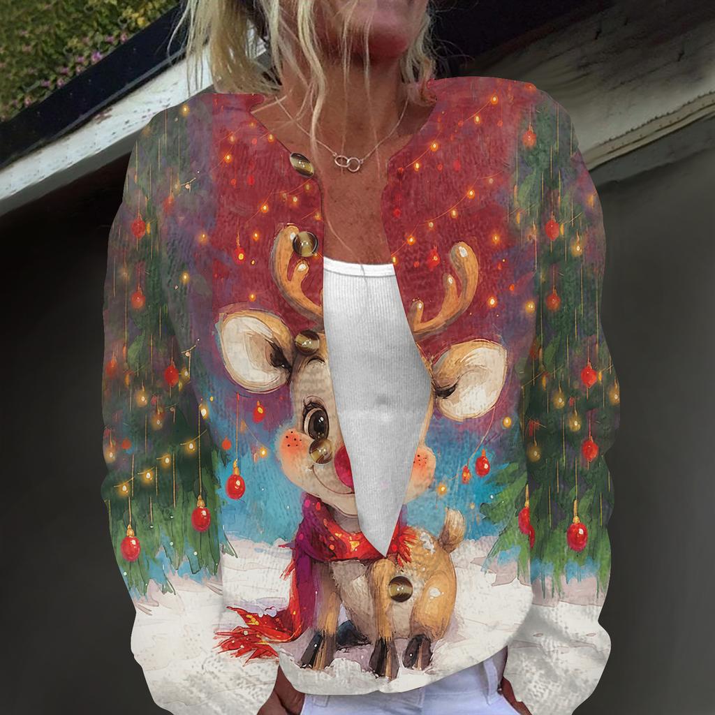 Damenmode, weihnachtlich bedruckt, langärmelig, Strickjacke, Button-Down-Jacke