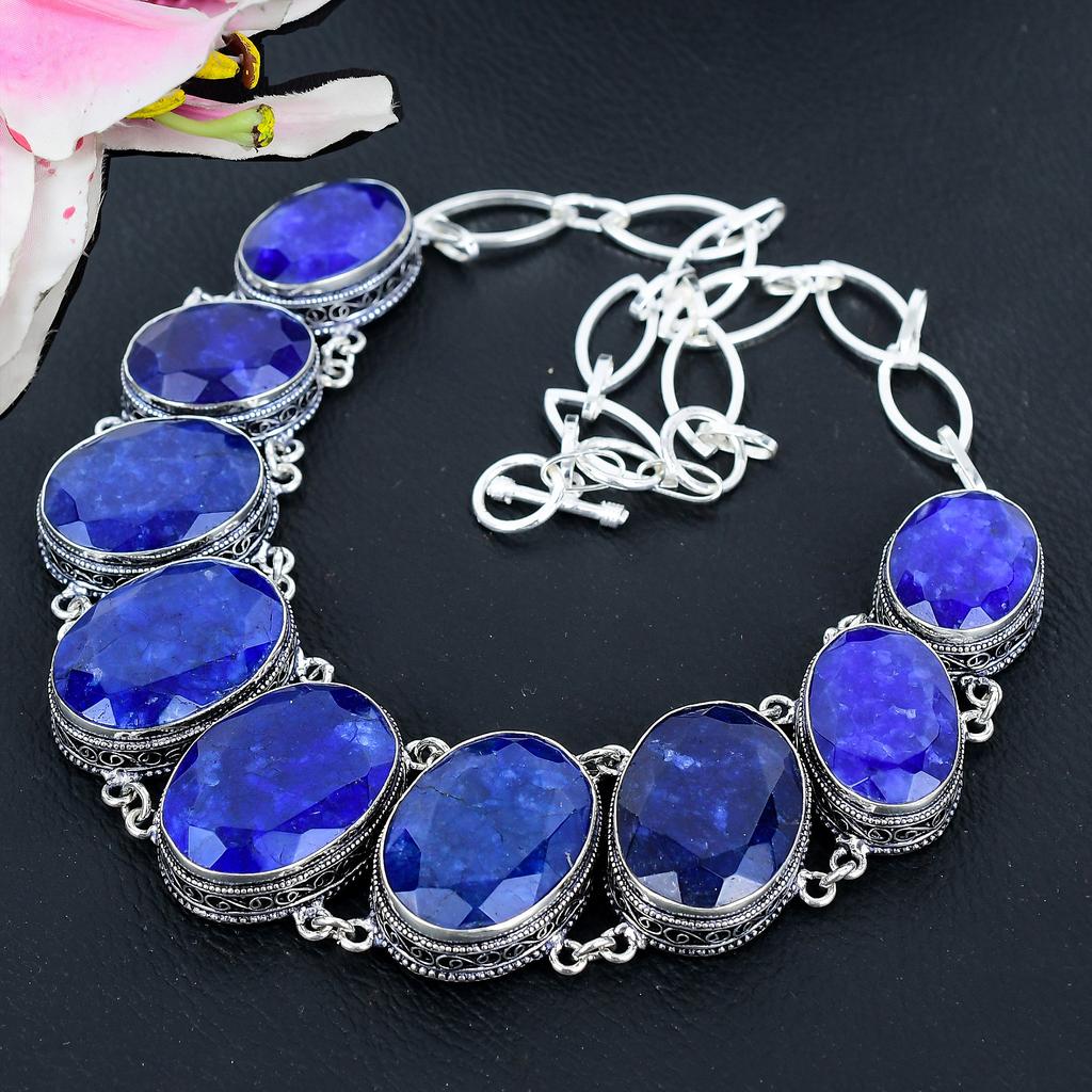Blue Jade Gemstone Handmade 925 Sterling Silver Jewelry Necklace 18" KG-1635