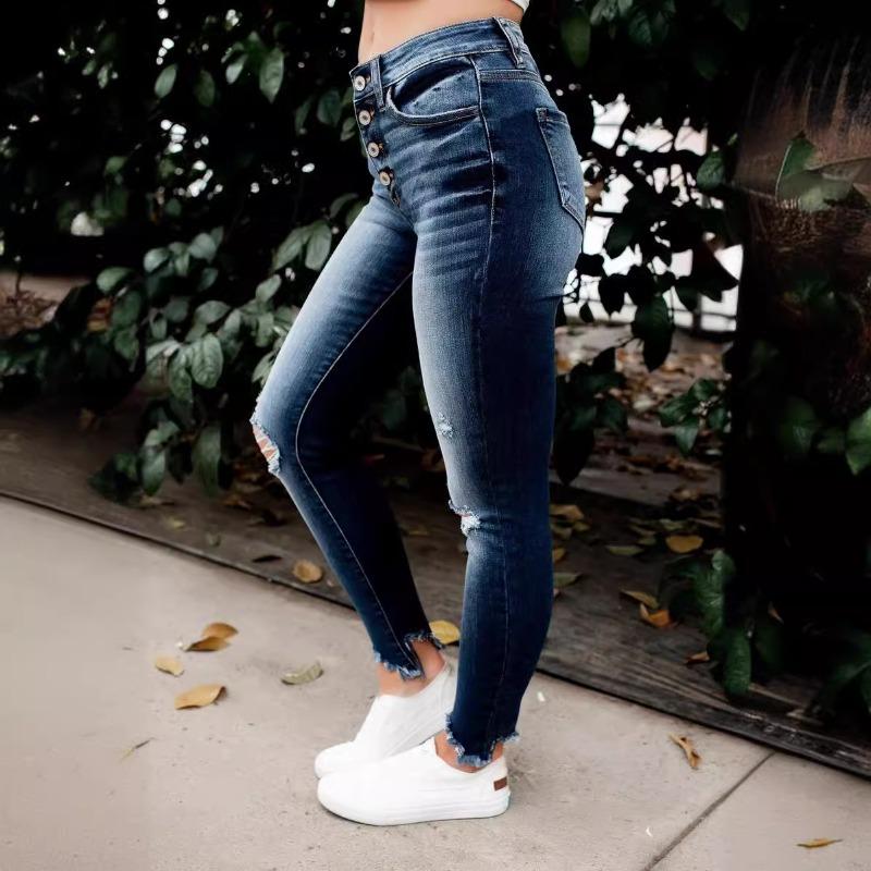 Summer New Jeans Elastic Ripped Slim Fit Comfortable Mid-waist Trousers Women