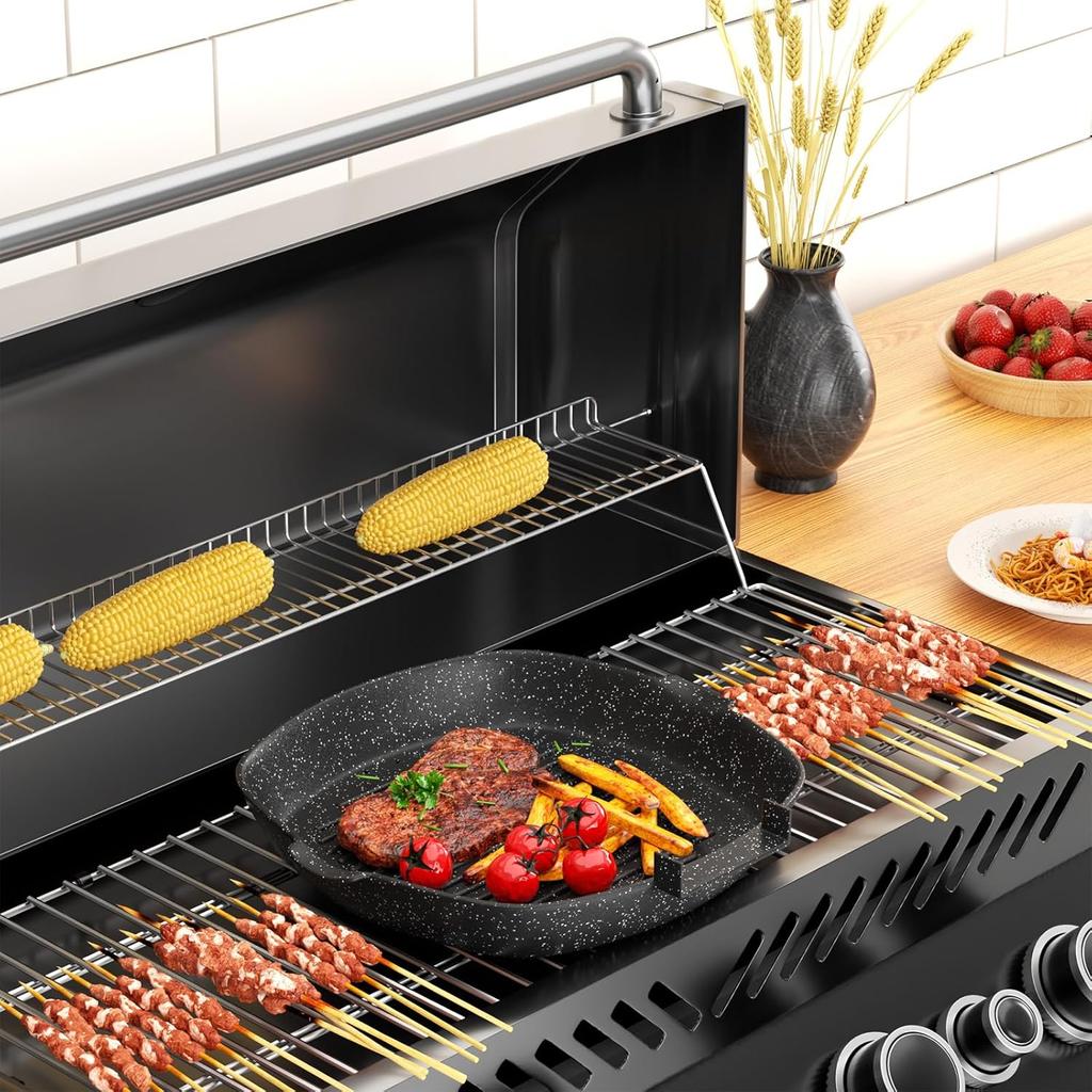 Nonstick Grill Pan, 9.5 Inch Large Grilling Skillet Steak Pan for Indoor Cooking, Steak & Bacon Pans for Stove Tops