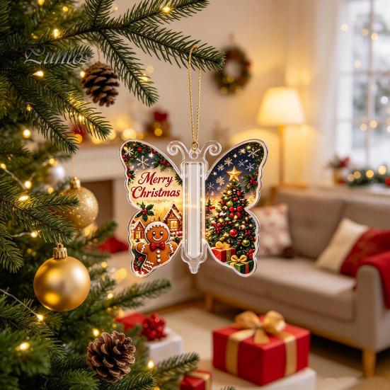 Christmas Keepsake for Money Cash Gift Ornament, 2D Acrylic Butterfly Holder Unique Family Ornament with Clear Compartment Trees, Windows, Doors