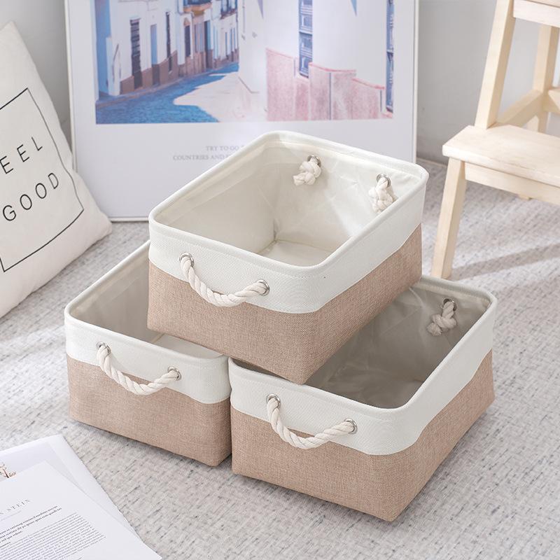 1pc Linen Fabric Storage Basket Two Colors Foldable Sundries Storage Box with Handle Large Capacity Uncovered Clothes Basket