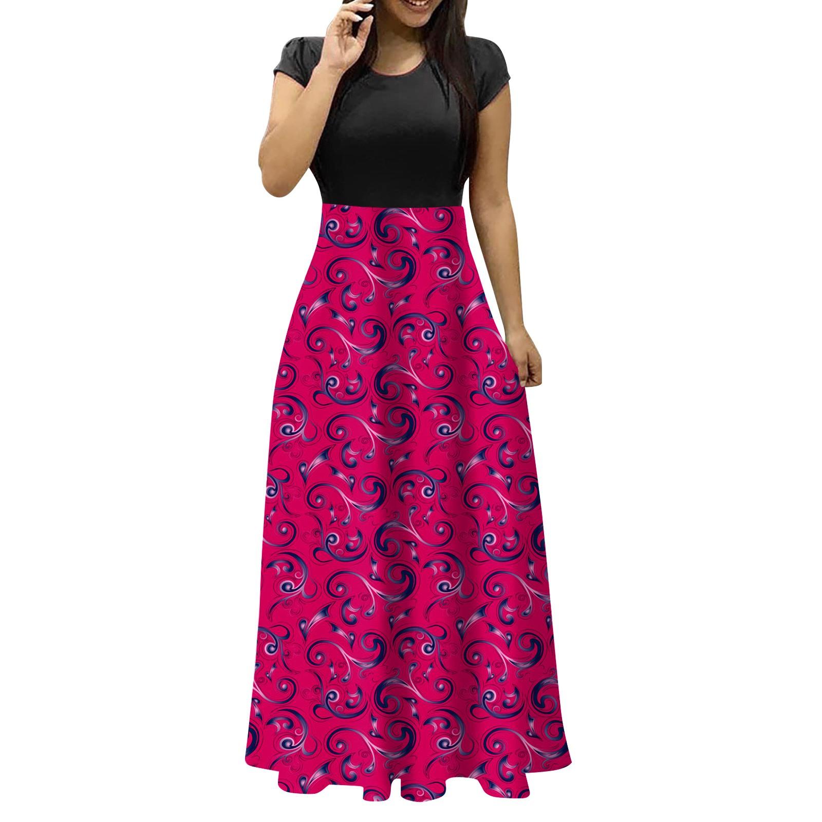 

(SU)Женская мода Лето Повседневная печать Свободное платье с круглым вырезом с коротким рукавом Плюс Размер Длинное платье