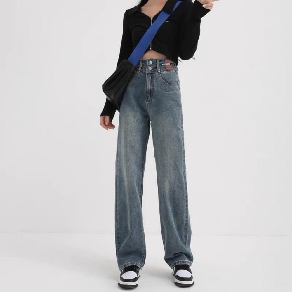 

Ретро джинсы прямого кроя в гонконгском стиле женские весенне-летние новые с высокой посадкой свободные и стройнящие широкие брюки с драпировкой тренд M