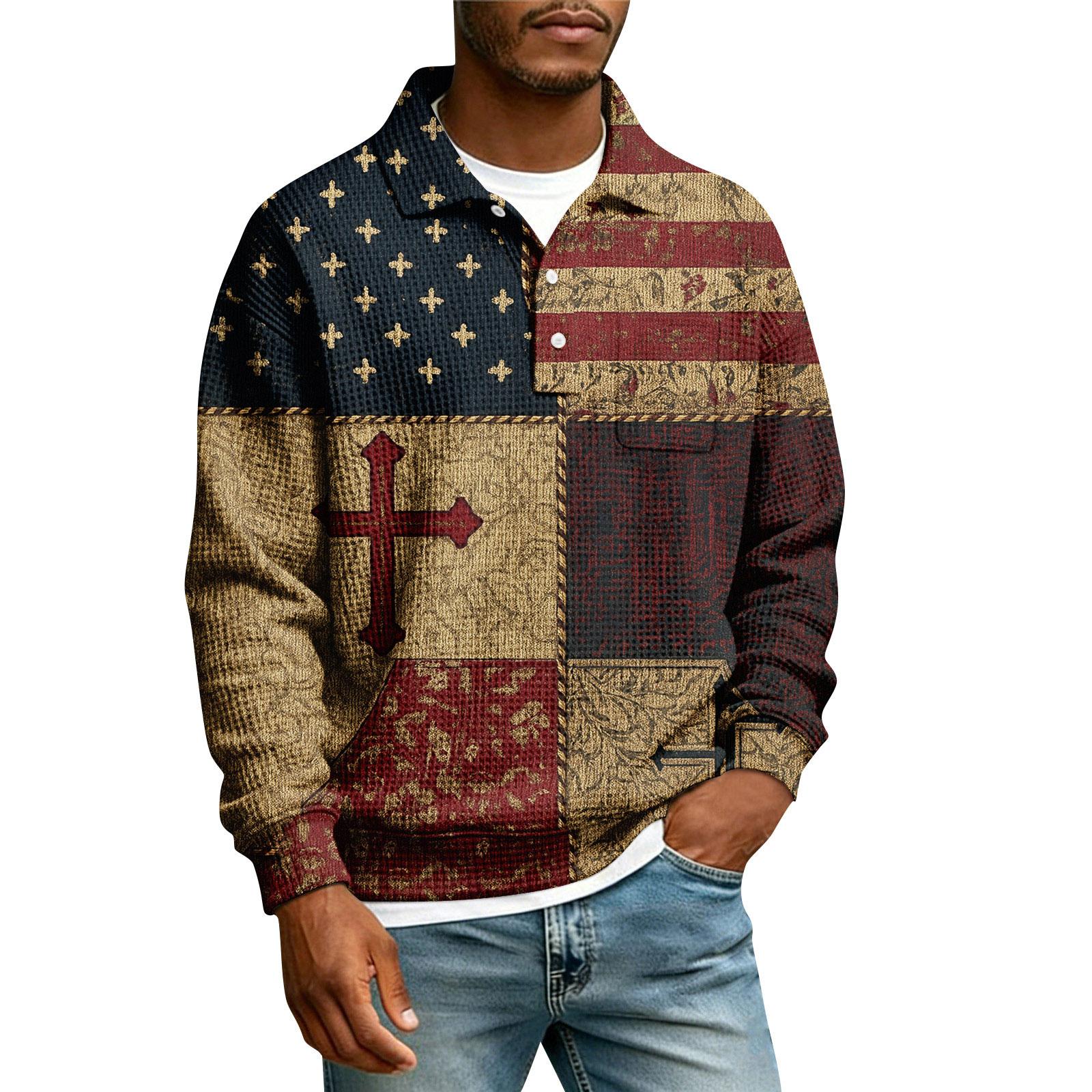 

Men s Lapel Printed Single Breasted Pocket Long Sleeve Casual Sports T-Shirt XL винний