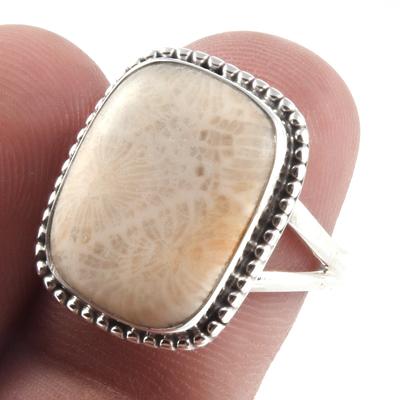 Natural Fossil Coral Gemstone Handmade 925 Sterling Silver Jewelry Ring S.7 V5b96