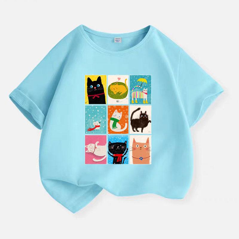 Cat family pattern printed cotton Tshirt summer fun cartoon childrens casual comfortable shortsleeved shirt