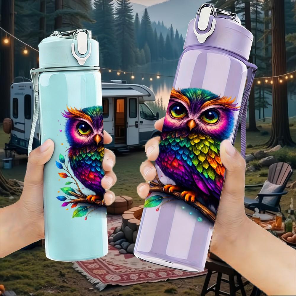 1PC Colorful Owl Bird Art Portrait Print 750ml Color Plastic Sports Water Bottle Leakproof Flip Straw Lid Suitable for Sports Office Home Use