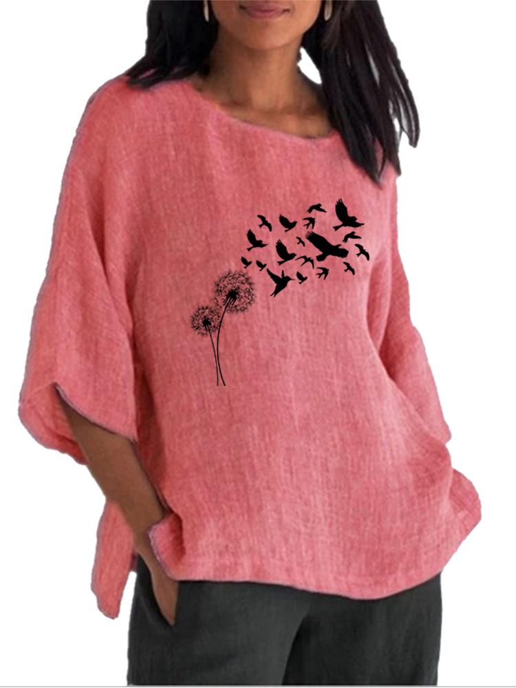 Women Fashion Cotton Linen Blouse Spring&summer Round Neck 3/4 Long Sleeve Shirt Ladies Pullover Loose Tops