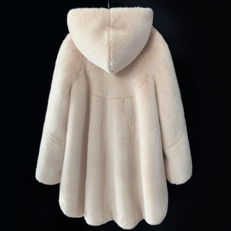 Womens Faux Fur Coat With Hood Mid-Length Winter Outerwear Black Beige White Classic Elegant Style