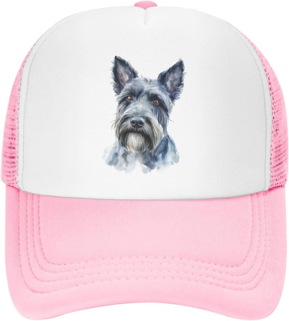 Scottish Terrier Portrait Trucker Hat Watercolor Dog Breed Mesh Baseball Cap Adjustable Outdoor Headwear