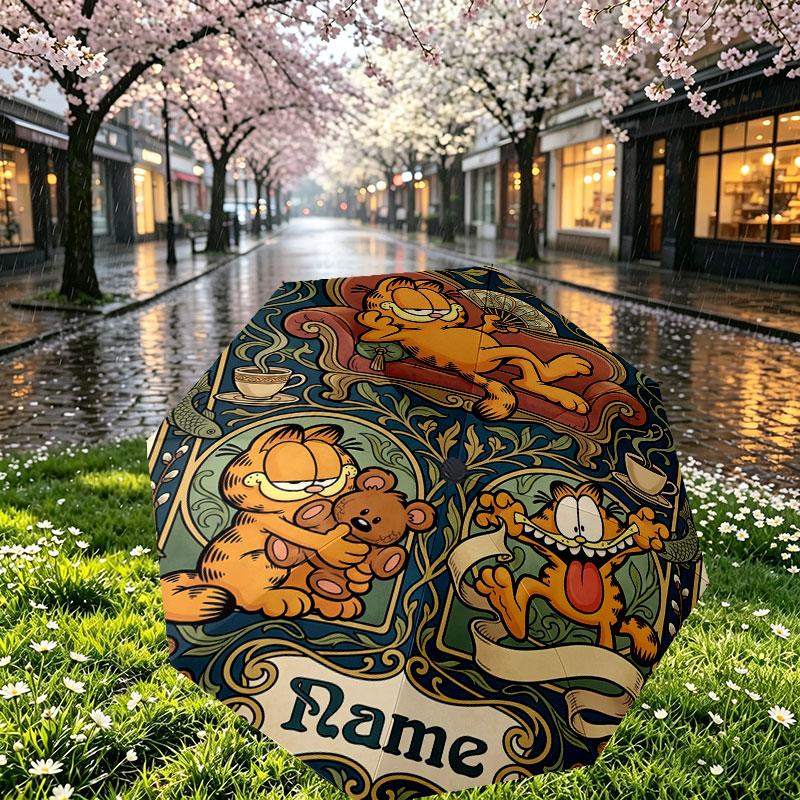 Personalisierter Garfield-Druckschirm mit individuellem Namen, Automatisches Öffnen und Schließen, Stabiler 8-Rippen-Rahmen, Für Pendeln, Camping, Wandern, Geburtstagsgeschenk