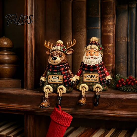 Plush Scarf Santa Decor Christmas Stocking Holder, Mantel Resin Sitting Leg Hook, Winter Holiday Room Festive Character Ornament for Home Fireplace