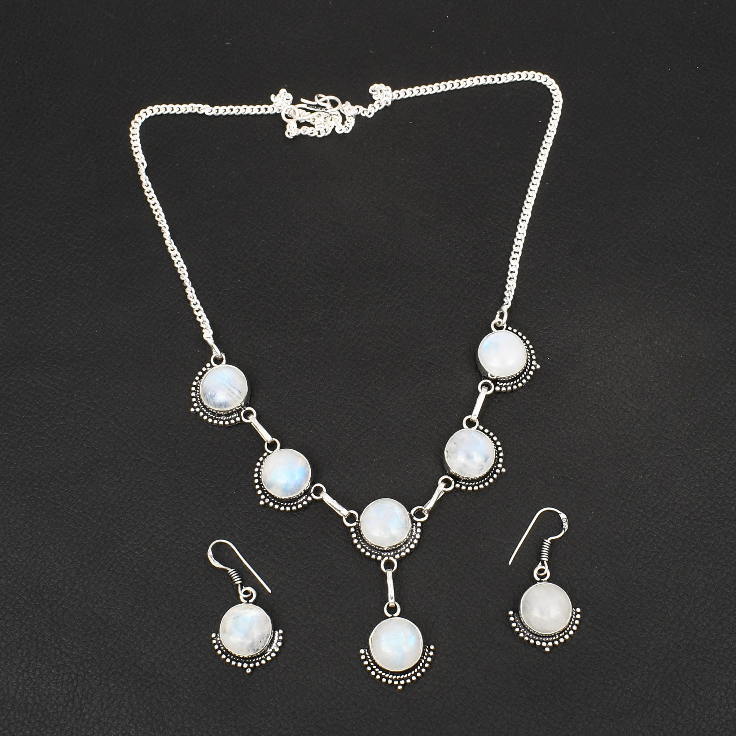 

925 Sterling Silver Rainbow Moonstone Jewelry Set Elegant Round Gemstone Necklace & Drop Earrings for Women Boho Wedding Jewelry