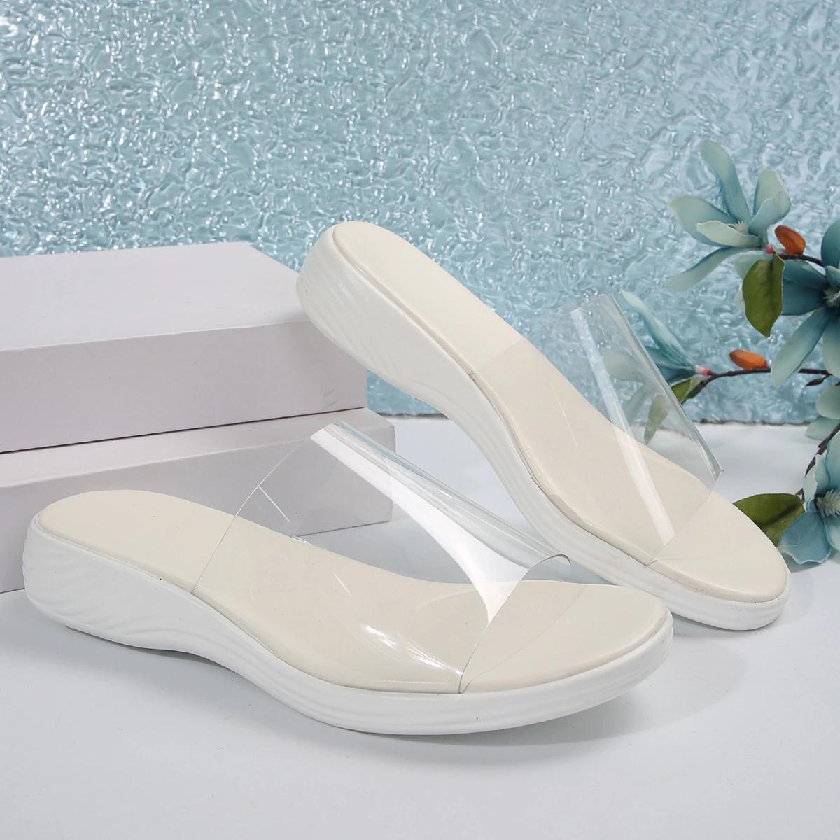 

Женские тапочки для отдыха 2024 года, летние женские туфли с белым верхом и плоской подошвой, модные повседневные удобные тапочки с подушкой на каблуке 43 белый