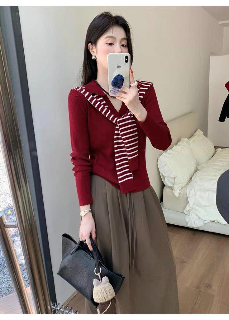 Women's Grey Striped Slim-Fit Long Sleeve Sweater, Autumn 2025 Collection
