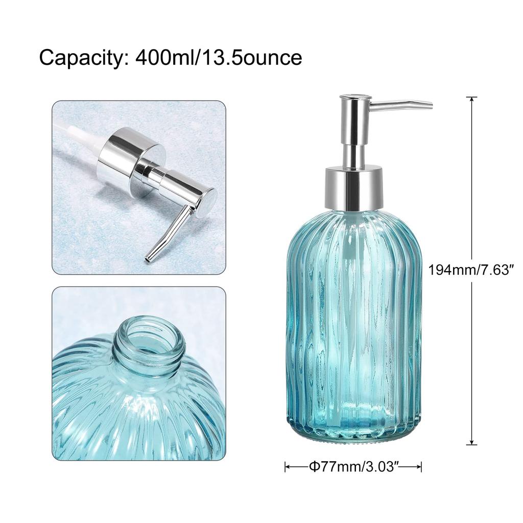 Uxcell Soap Dispenser Set Glass Dish Hand Soap Dispenser with Pump for Kitchen Toilet Silver Blue 400ml