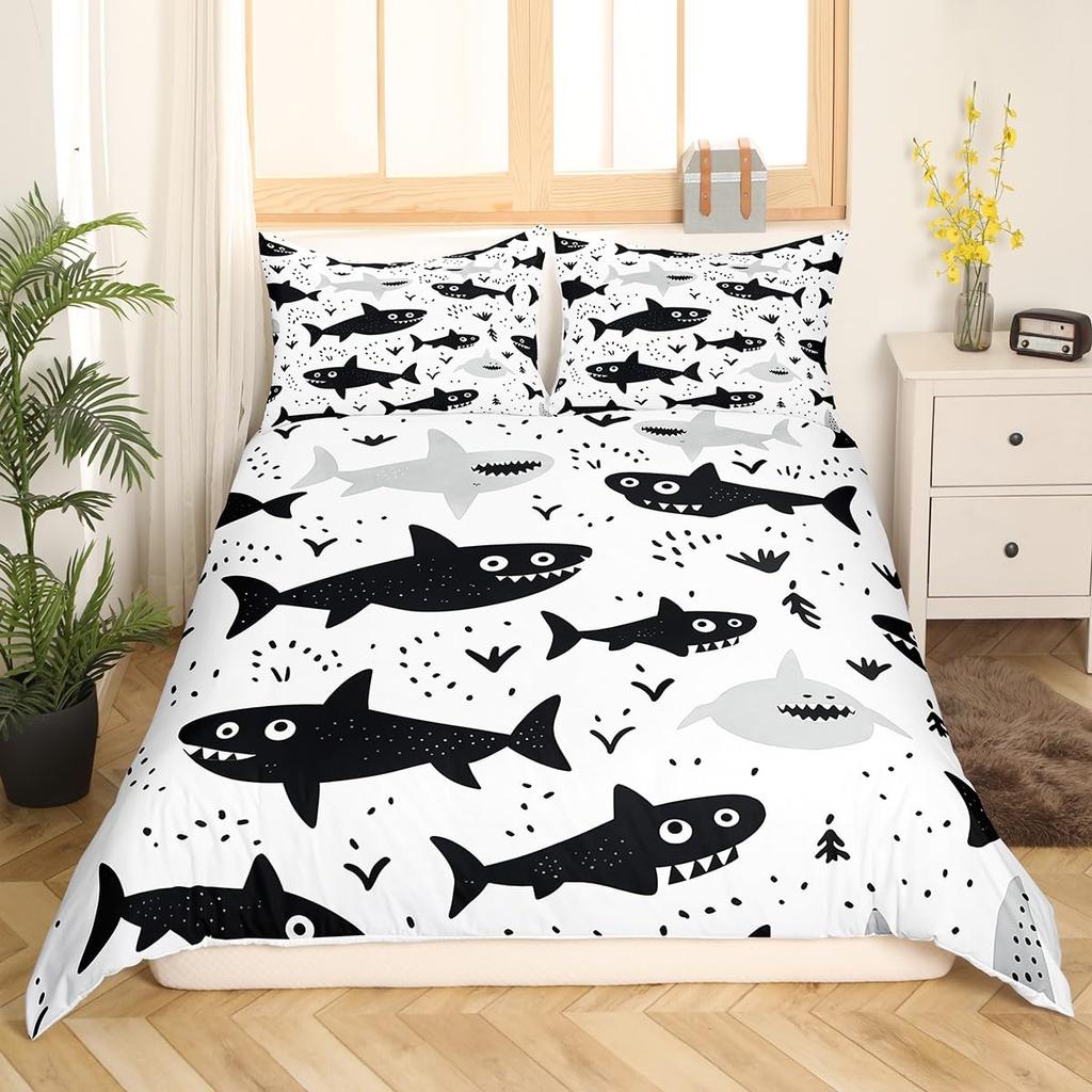 Shark Duvet Cover Queen Marine Life Comforter Cover Blue And White Cartoon Shark Bedding Set Nautical Ocean Theme Quilt Cover