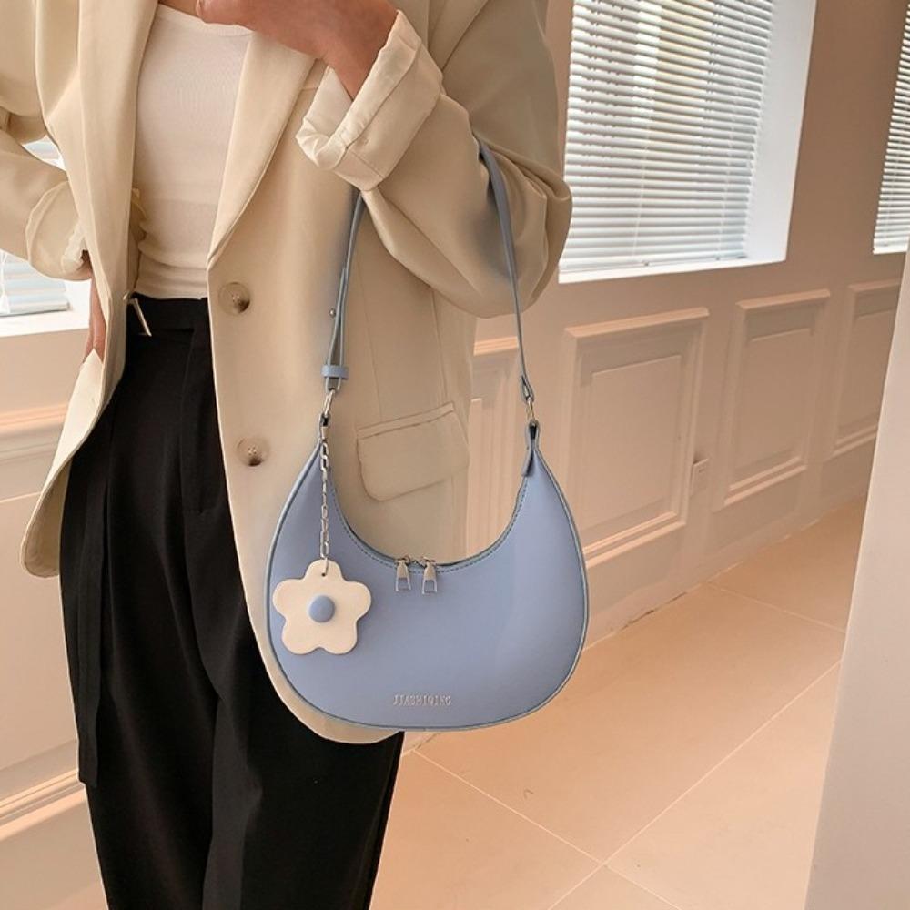 Dumpling Shape Flower Shoulder Bag Flower Pendant Women Underarm Bag Half-moon Bag  Streetwear
