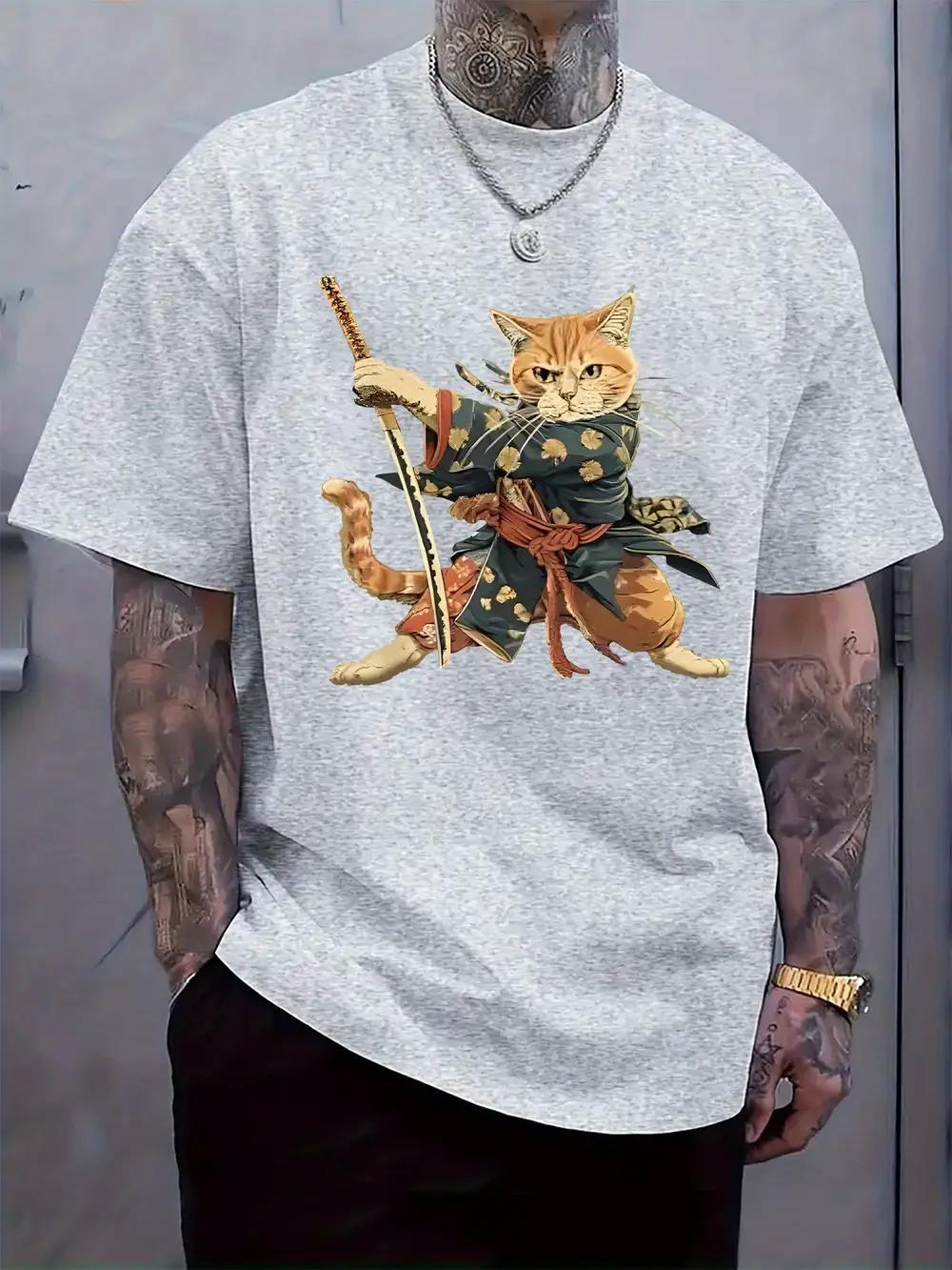 Casual Crew Neck T-shirt with Samurai Cat Print XXL