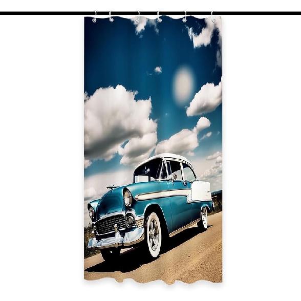 Cool Retro Car Shower Curtain Vintage Antique Car Sunset Cloudy Theme Fabric for Men Boys Bathroom Decor Sets with Hooks Waterproof Washable 72 x 72